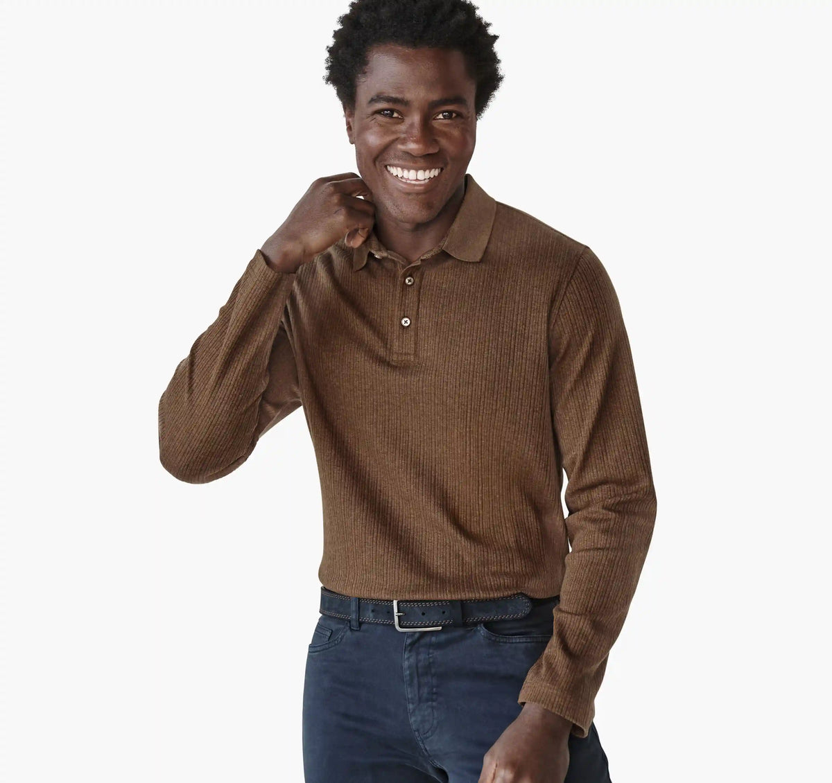 Quincy Ribbed Long-Sleeve Polo - Rust