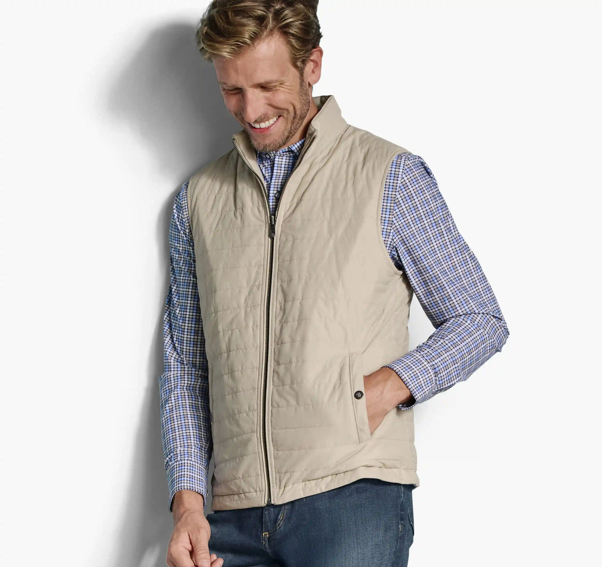 Kenner Reversible Vest - Taupe/Light Blue Micro Houndstooth
